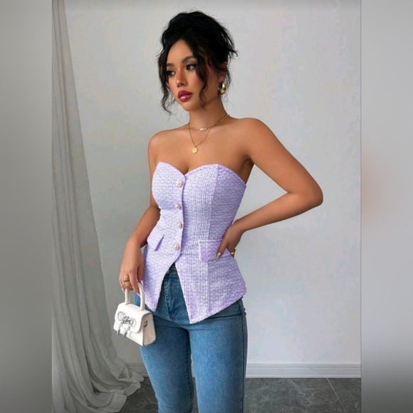 Rafferiza Women's Textured Strapless Cropped Top With Pearl Button Details - Picture 4 of 6